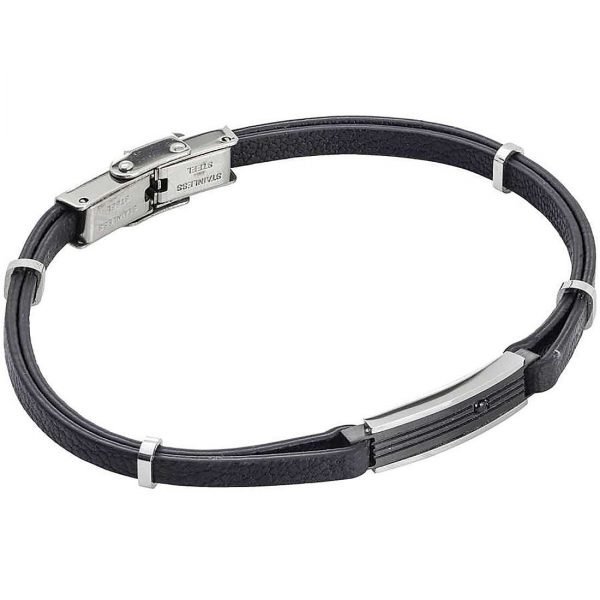 Bracciale Uomo Boccadamo Man In Similpelle Nera Piastrina Centrale In Acciaio Rodiato Con Pvd Nero E Zircone Nero