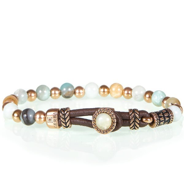 Bracciale Donna Gerba Con Cordino In Pelle Marrone Perle In Pietre Di Amazonite E Componenti In Acciaio Galvanizzato Gold 3 - Verre Gioielli 055-600x600 verre gioelli