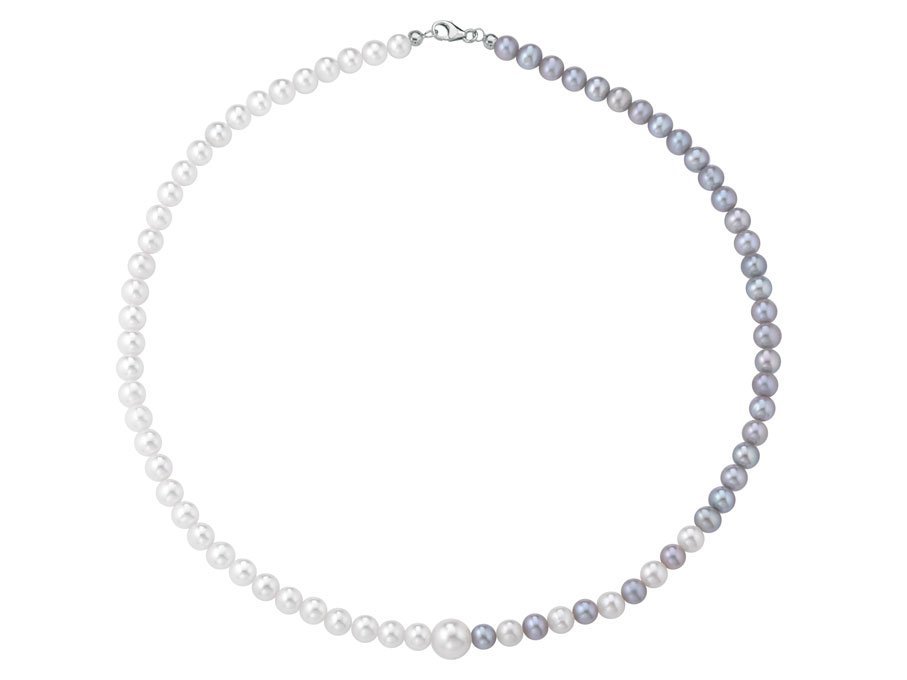 Collana di perle bianche alternate con perle grigie 5/6 mm con 1 perla centrale da 8 mm e chiusura in oro bianco 18 kt - Collezione Asimmetrica Verre Gioielli