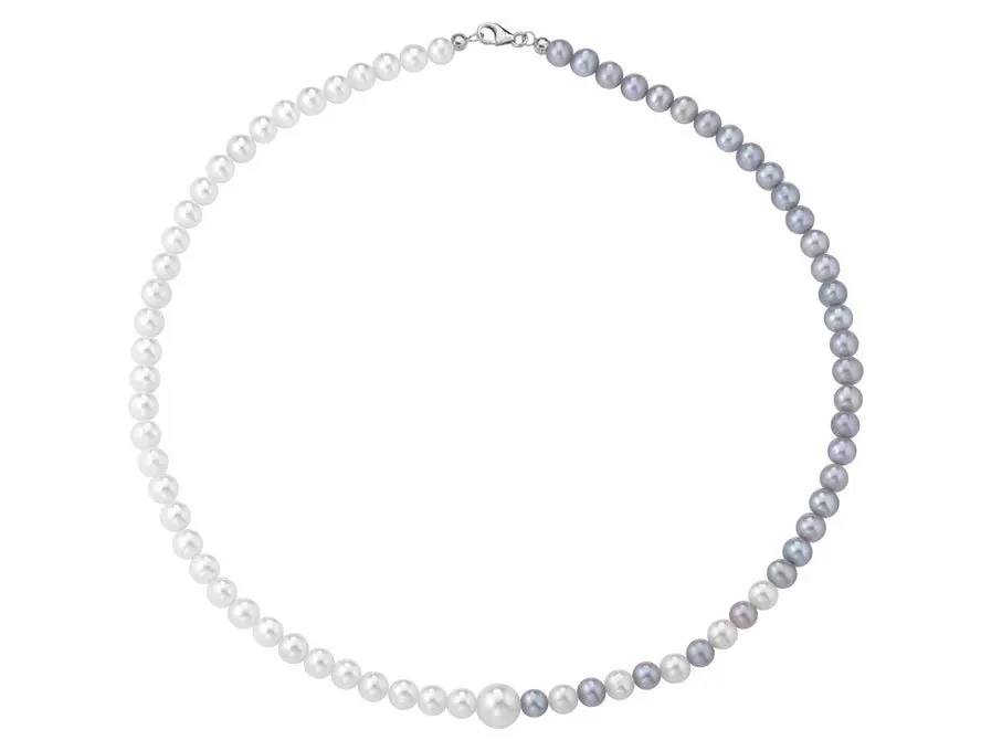 Collana di perle bianche alternate con perle grigie 5/6 mm con 1 perla centrale da 8 mm e chiusura in oro bianco 18 kt - Collezione Asimmetrica Verre Gioielli