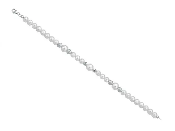 Collana di perle 6 mm con 4 sfere sfaccettate in bianco e 2 sfere lucide in oro bianco - Collezione Bouquet Verre Gioielli