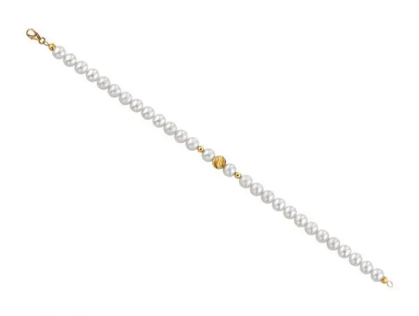 Bracciale di perle  6 mm con 2 sfere ovali in oro giallo 18 kt e 1 sfera rigata in oro giallo 18 kt – Collezione Rigata Verre Gioielli