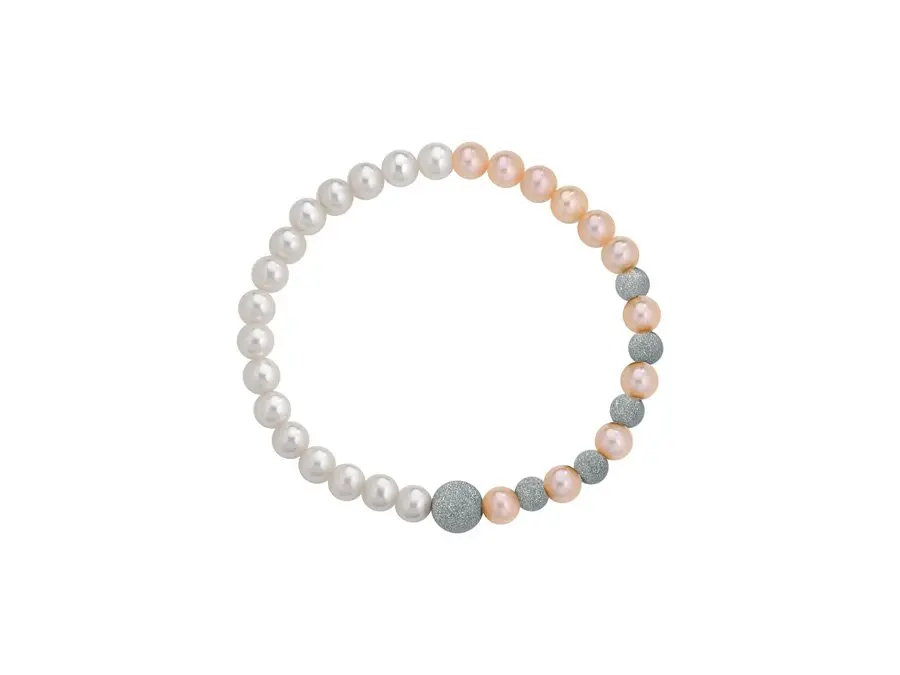 Bracciale a molla di perle bianche alternate con perle rosa 5/6 mm con 6 sfere satinate in oro bianco 18 kt  - Collezione Asimmetrica Verre Gioielli
