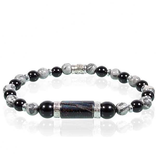 Bracciale Uomo Gerba Stone Gray Passion Con Filo Elastico E Pietre Di Onice Lucido Agata Messicana E Componenti In Argento 925