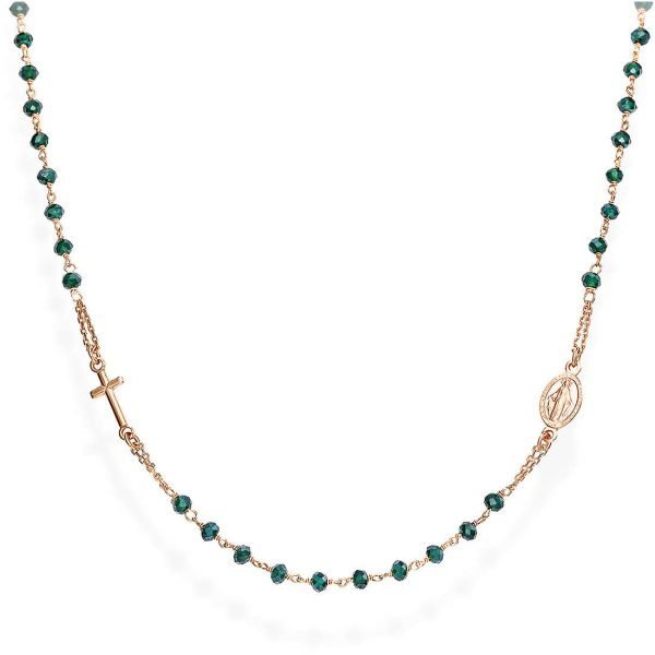 Collana Donna Amen Rosario In Argento 925 Rosato E Cristalli Verde Bottiglia E Croce