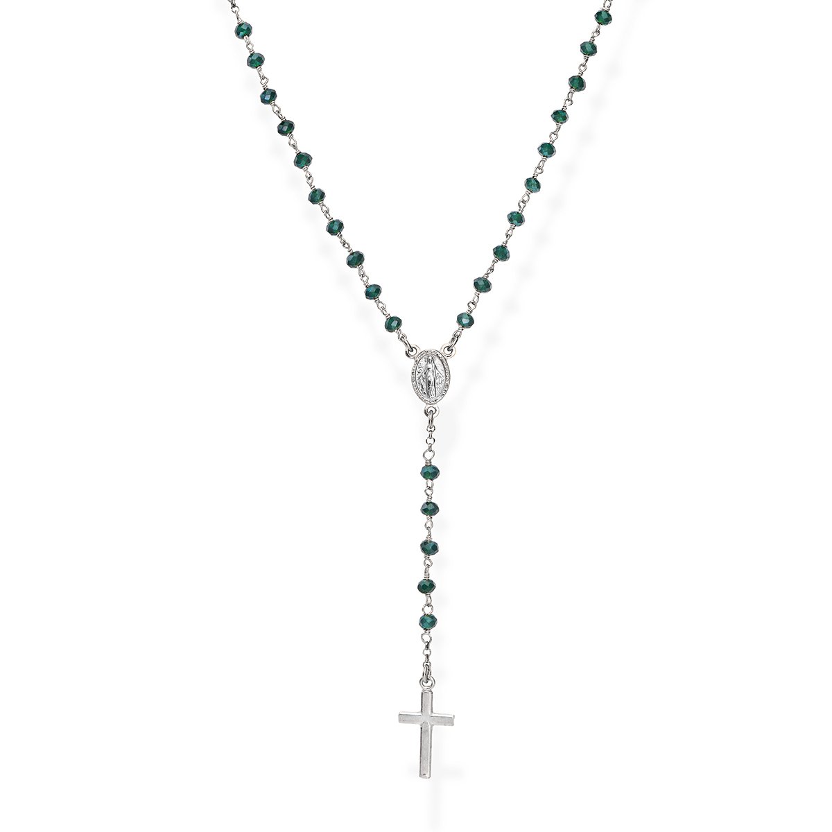 Collana Donna Amen Rosario In Argento 925 Rodiato E Cristalli Cangianti  Verdi E Croce - Verre Gioielli