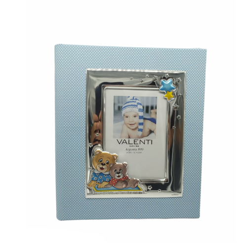 Album Portafoto Nascita Valenti In Tessuto Celeste E Argento Laminato 3 - Verre Gioielli Album Portafoto Nascita Valenti In Tessuto Celeste E Argento Laminato