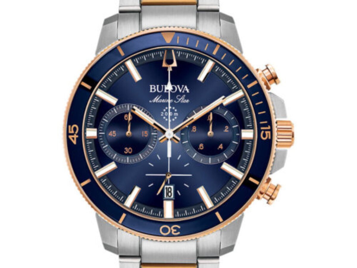 Bulova Orologio Uomo 98D180 – Quarzo, Cinturino Bicolore Acciaio, Quadrante Blu Sunburst Con 8 Diamanti, Giorno/Data E 24 Ore, Resistente 30m