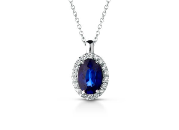 Collana Donna Pg Gioielli In Oro Bianco 18 Kt Con Zaffiro Blu Pendente 0.55 Ct E Diamanti 0.10 Kt