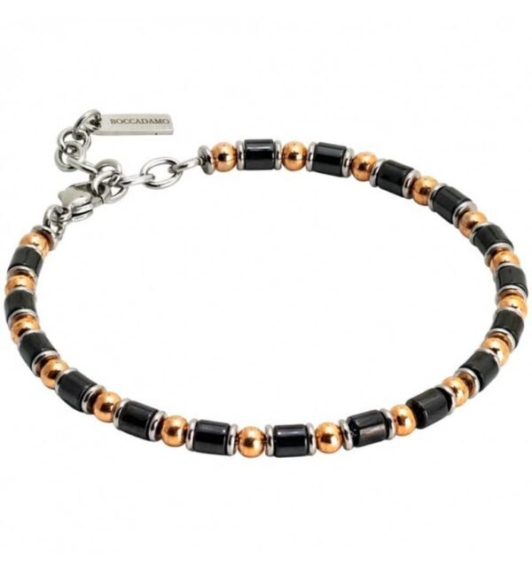 Bracciale Uomo Boccadamo Man In Acciaio Con Rondelle Rodiate Sfere Placcate Oro Rosa ed Elementi in Ceramica Nera