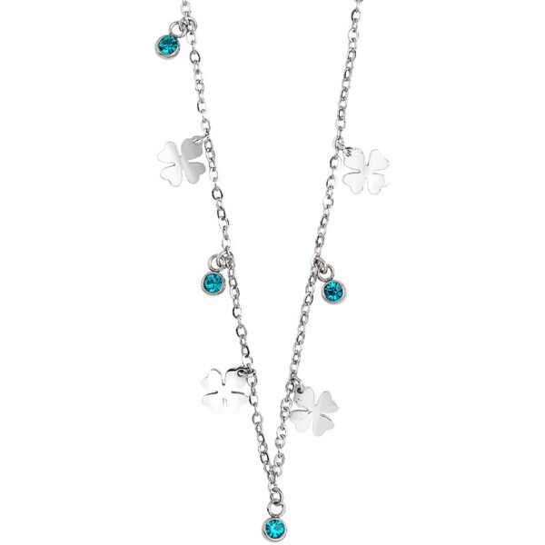 Collana Donna Mya Boccadamo In Acciaio Rodiato Con Acquamarina E Quadrifogli Pendenti 3 - Verre Gioielli Collana Donna Mya Boccadamo In Acciaio Rodiato Con Acquamarina E Quadrifogli Pendenti