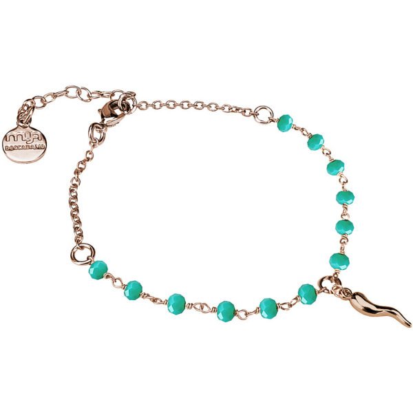 Bracciale Donna Mya Boccadamo In Bronzo Placcato Oro Rosa Con Cristalli Verdi E Charm A Cornetto 3 - Verre Gioielli Bracciale Donna Mya Boccadamo In Bronzo Placcato Oro Rosa Con Cristalli Verdi E Charm A Cornetto