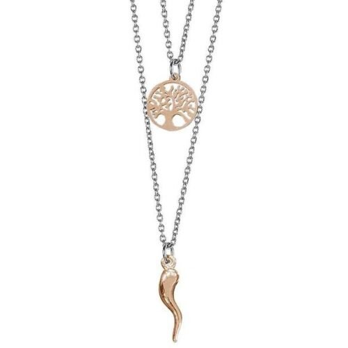 Collana Da Donna Mya Boccadamo Doppio Filo Con Albero Della Vita E Cornetto Pendente In Bronzo Con Zirconi