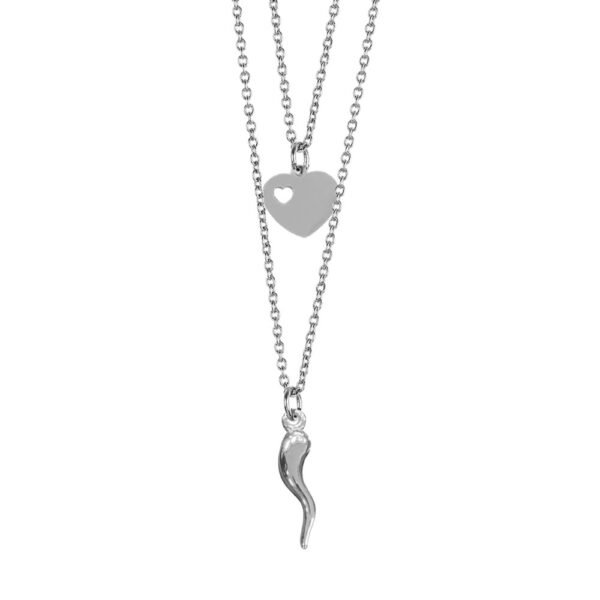 Collana Da Donna Mya Boccadamo In Acciaio Rodiato Doppio Filo Con Cuore E Cornetto Pendente In Bronzo 3 - Verre Gioielli Collana Da Donna Mya Boccadamo In Acciaio Rodiato Doppio Filo Con Cuore E Cornetto Pendente In Bronzo