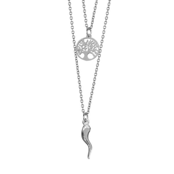 Collana Da Donna Mya Boccadamo In Acciaio Rodiato Doppio Filo Con Albero Della Vita E Cornetto Pendente In Bronzo 3 - Verre Gioielli Collana Da Donna Mya Boccadamo In Acciaio Rodiato Doppio Filo Con Albero Della Vita E Cornetto Pendente In Bronzo