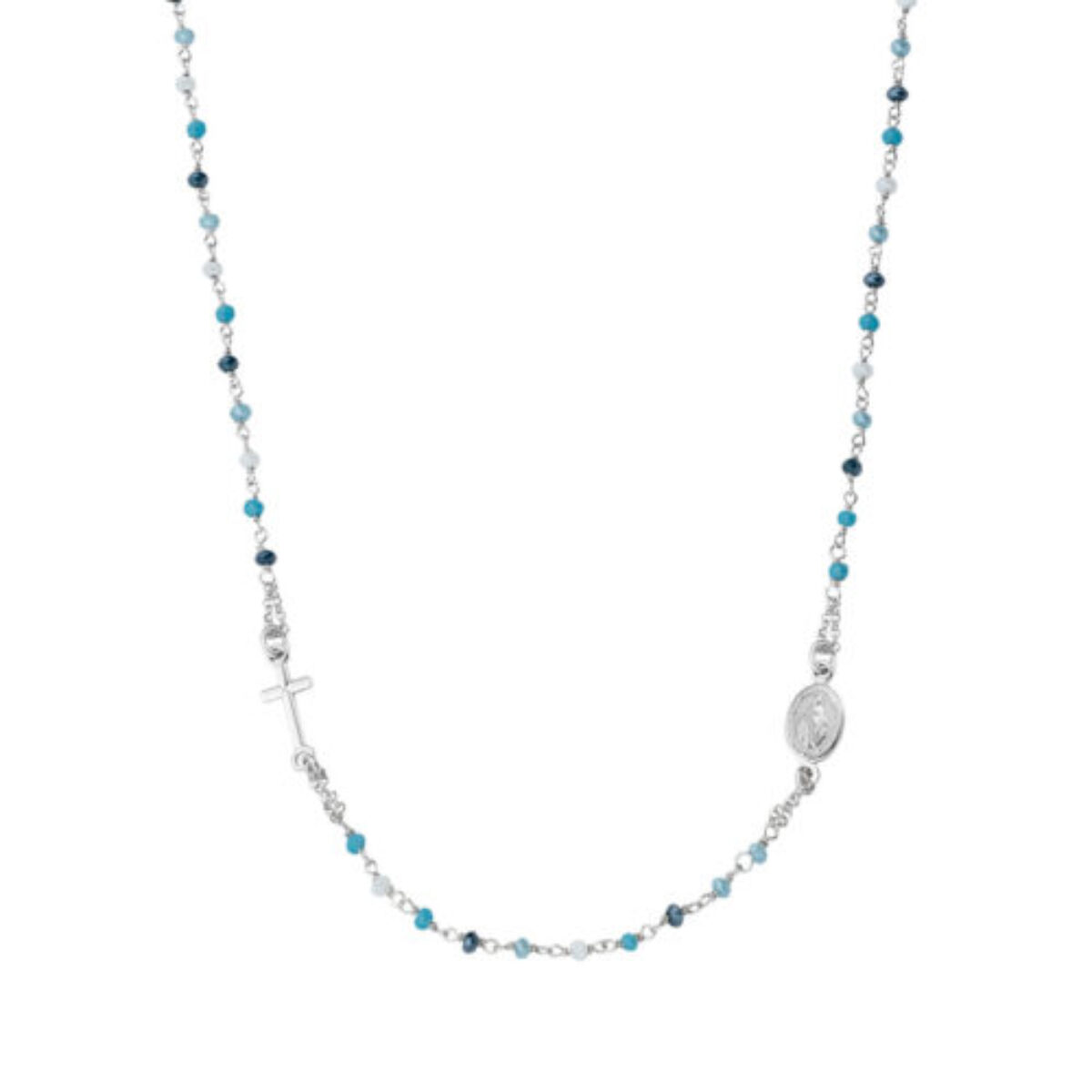 Collana Girocollo Donna Amen Rosario In Argento 925 Con Cristalli  Multicolor Azzurro E Croce - Verre Gioielli