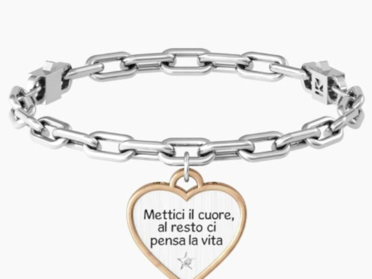 Bracciale Donna Kidult In Acciaio E Pvd E Ciondolo Satinato A Cuore Con  Cristallo - Verre Gioielli