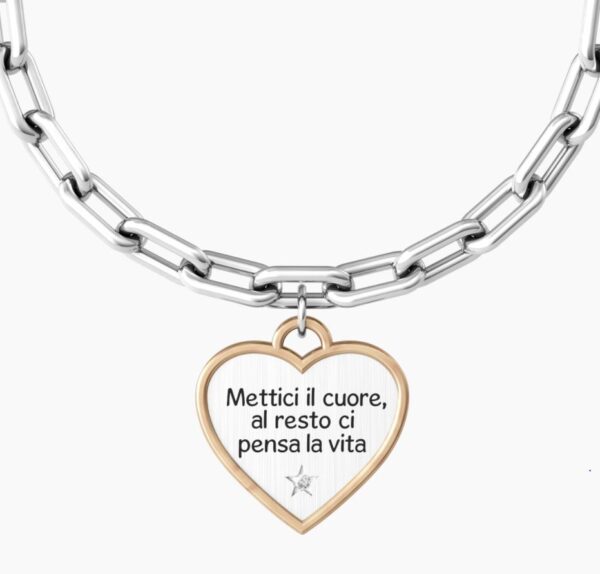 Bracciale Donna Kidult In Acciaio E Pvd E Ciondolo Satinato A Cuore Con Cristallo 2 Verre Gioielli - l'istituzione del gioiello