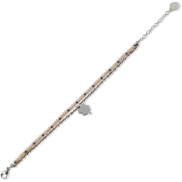 Bracciale Donna Mya Boccadamo Doppio Filo In Acciaio E Cristalli Pesca Con Quadrifoglio Pendente