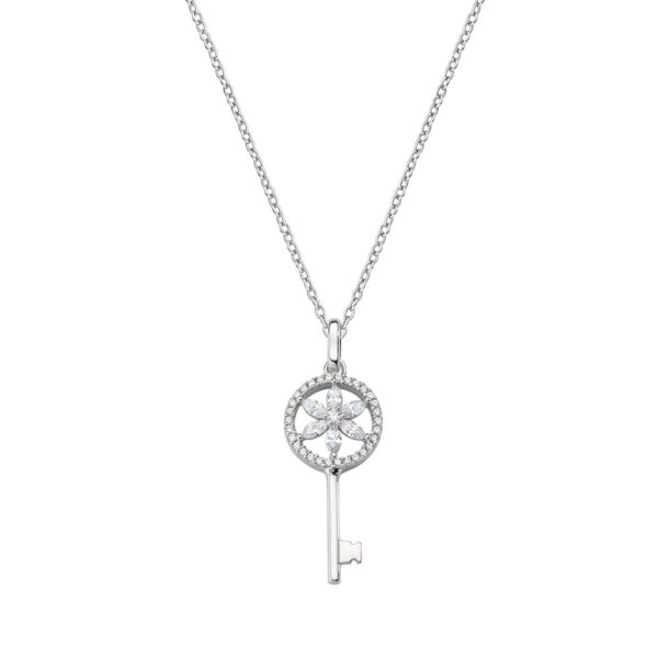 Collana Donna Amen In Argento 925 Con Zirconi Bianchi Con Chiave Pendente E Fiore Della Vita