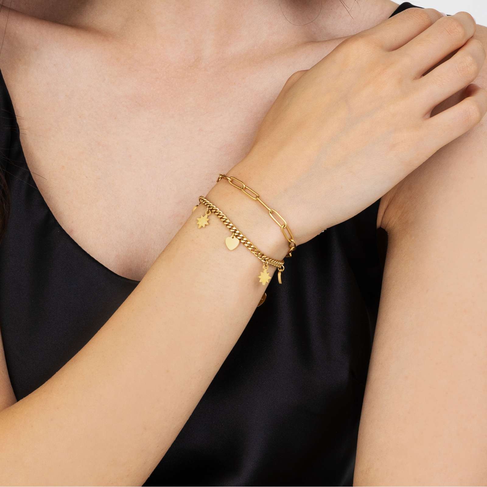 Bracciale da donna in acciaio dorato con doppia catena in oro