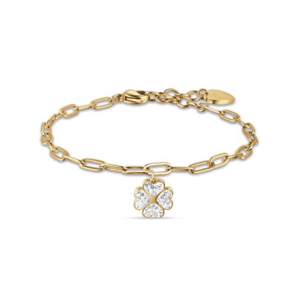 Bracciale Donna Luca Barra In Acciaio Dorato Con Quadrifoglio E Cristalli Bianchi