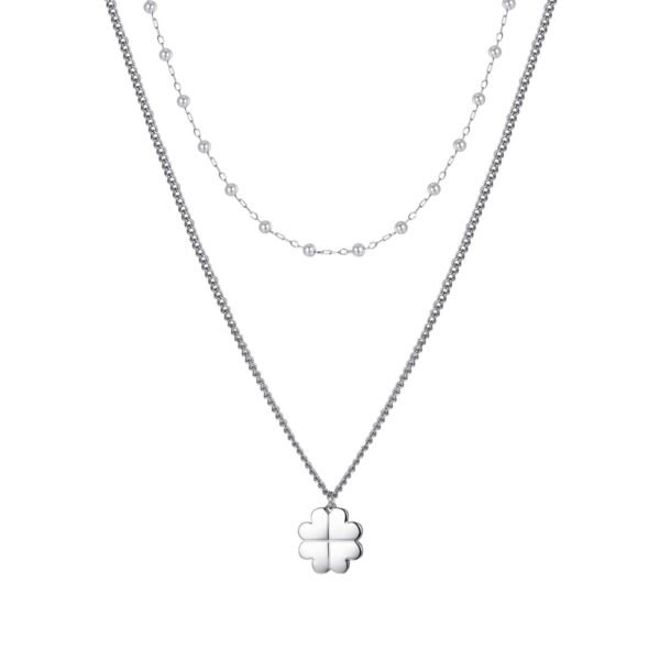 Collana Donna Luca Barra In Acciaio Con Quadrifoglio Pendente E Perle Bianche A Doppia Catena