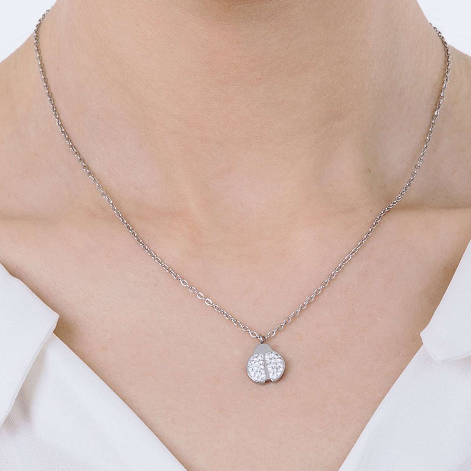 Collana Donna Luca Barra In Acciaio Con Coccinella E Cristalli Bianchi -  Verre Gioielli