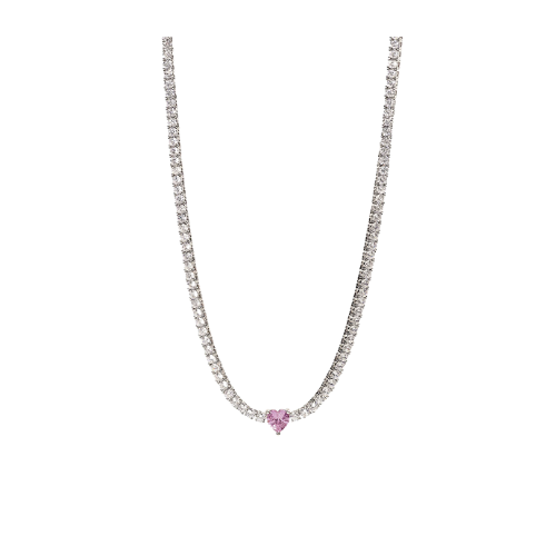 Tuscany Silver Collana Donna In Argento 925 Con Zircone Rosa – Ciondolo Rubover, Catena Box Regolabile 46 Cm