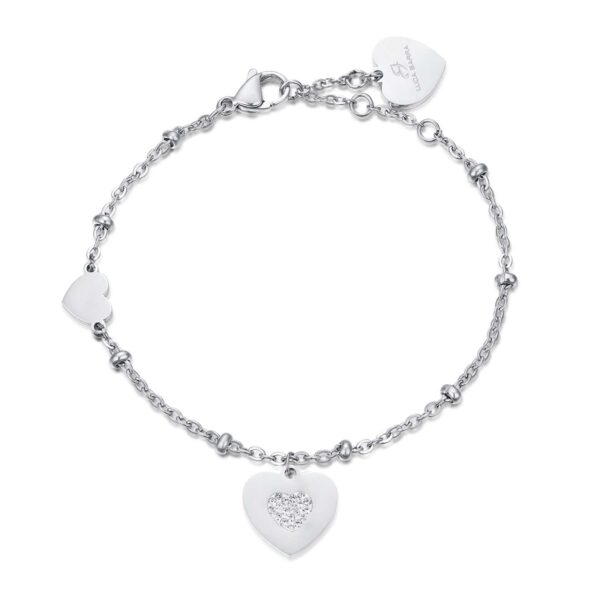 Bracciale Donna Luca Barra In Acciaio Con Cuori Pendenti E Cristalli Bianchi