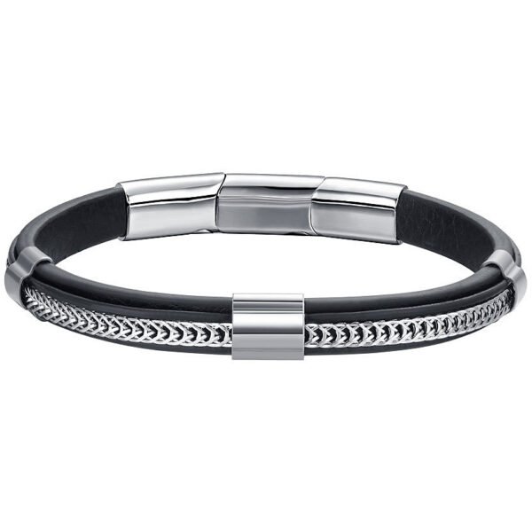 Bracciale Uomo Luca Barra In Pelle Nera E Acciaio 3 - Verre Gioielli Bracciale Uomo Luca Barra In Pelle Nera E Acciaio