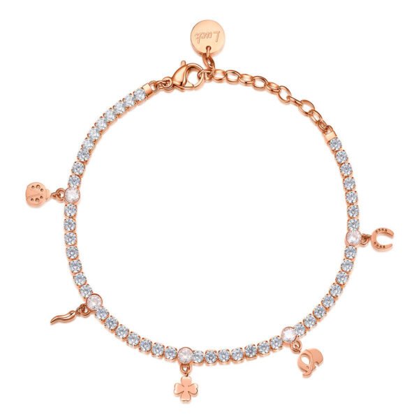 Bracciale Donna Brosway Portafortuna In Acciaio Con Finitura Oro Rosa E Cristalli Bianchi E Charms