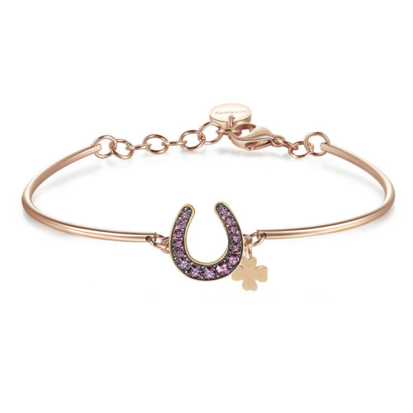 Bracciale Donna Brosway Semi Rigido In Acciaio Rosato E Ferro Di Cavallo Con Cristalli Viola E Quadrifoglio