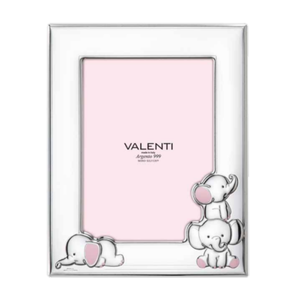 Cornice Portafoto Valenti Baby Rosa In Argento 999 Con Elefantini