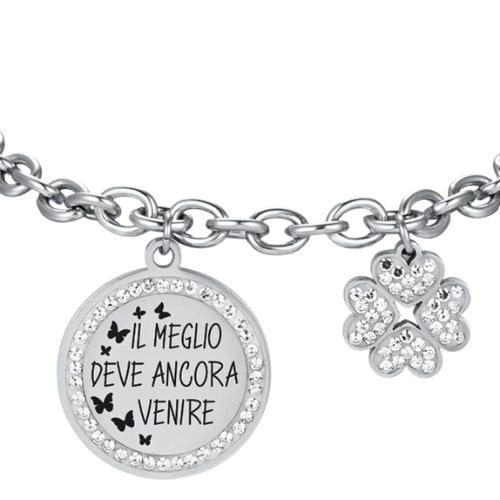 Luca Barra Bracciale Pretty Moment In Acciaio Con Quadrifoglio E Cristalli Bianchi, Lunghezza 16,5+3 Cm