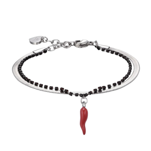 Bracciale Donna Luca Barra In Acciaio Con Elementi Neri E Cornetto Smaltato Rosso 3 - Verre Gioielli Bracciale Donna Luca Barra In Acciaio Con Elementi Neri E Cornetto Smaltato Rosso