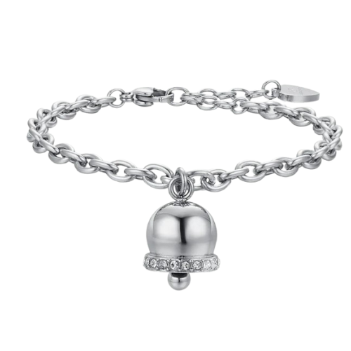Bracciale Donna Luca Barra In Acciaio Con Campanella E Cristalli Bianchi 3 - Verre Gioielli Bracciale Donna Luca Barra In Acciaio Con Campanella E Cristalli Bianchi