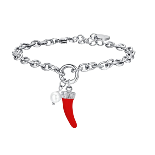 Bracciale Donna Luca Barra In Acciaio Con Cornetto Rosso E Perla Bianca 3 - Verre Gioielli Bracciale Donna Luca Barra In Acciaio Con Cornetto Rosso E Perla Bianca