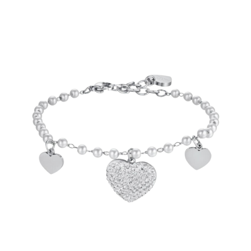 Bracciale Donna Luca Barra In Acciaio Con Perle Bianchi E Cuori Con Cristalli Bianchi 3 - Verre Gioielli Bracciale Donna Luca Barra In Acciaio Con Perle Bianchi E Cuori Con Cristalli Bianchi