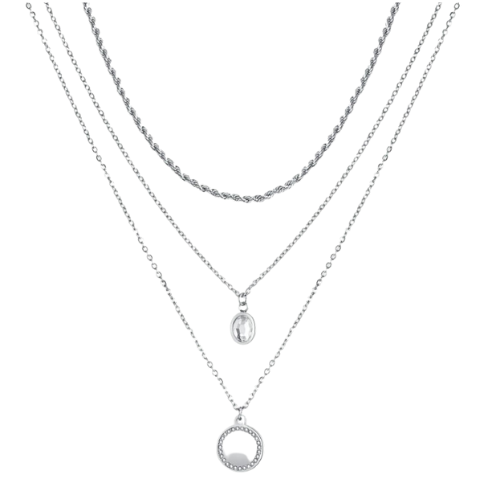 Collana Donna Luca Barra In Acciaio Doppio Filo Con Cristallo Bianco E Piastra Rotonda