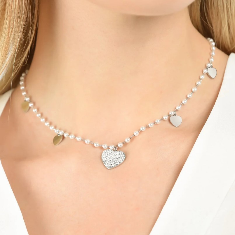 Collana donna in acciaio con perle e cristalli bianchi-Collane Donna