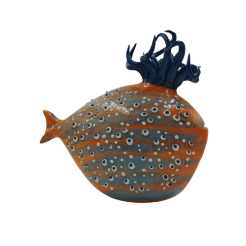 Scultura A Pesce Futuro D'Arte In Ceramica Arancione E Blu 3 - Verre Gioielli Scultura A Pesce Futuro D'Arte In Ceramica Arancione E Blu
