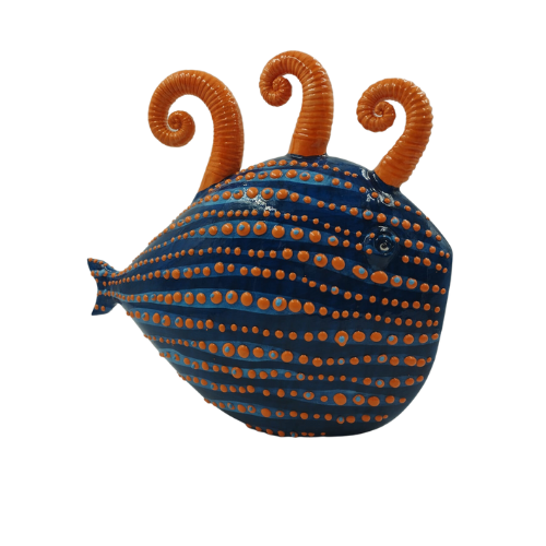 Scultura A Pesce Futuro D'Arte In Ceramica Arancione E Blu