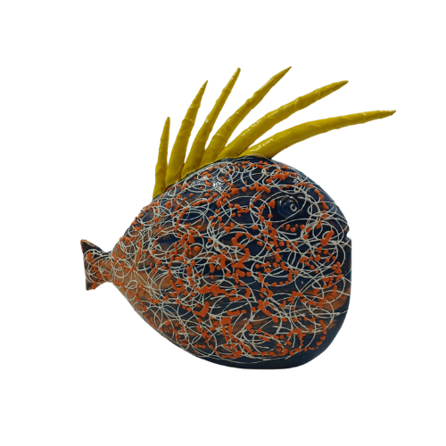 Scultura A Pesce Futuro D'Arte In Ceramica Blu Arancione E Gialla 3 - Verre Gioielli Scultura A Pesce Futuro D'Arte In Ceramica Blu Arancione E Gialla