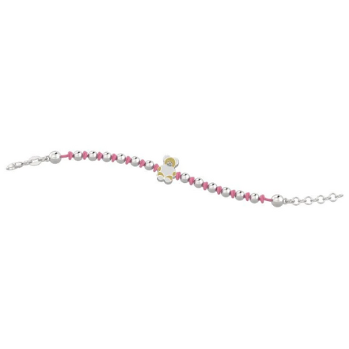 Bracciale Bambina Nanan Con Sfere In Argento 925 Con Orsetto Smaltato E Nodini Rosa