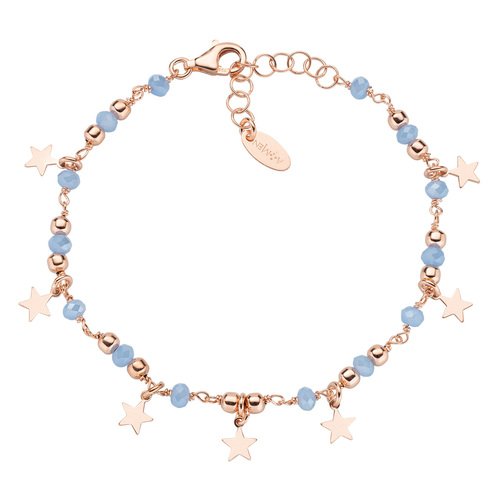 Bracciale Donna Amen Rosario In Argento 925 Rosato E Cristalli Azzurri Con Stelle Pendenti