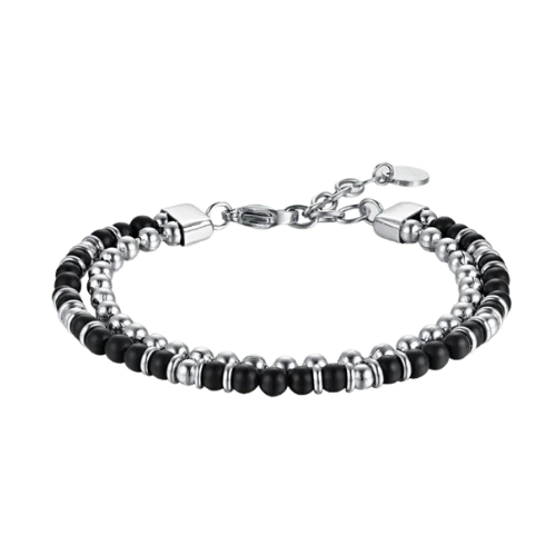 Bracciale Uomo Luca Barra Con Sfere In Acciaio E Agata Nera 3 - Verre Gioielli Bracciale Uomo Luca Barra Con Sfere In Acciaio E Agata Nera