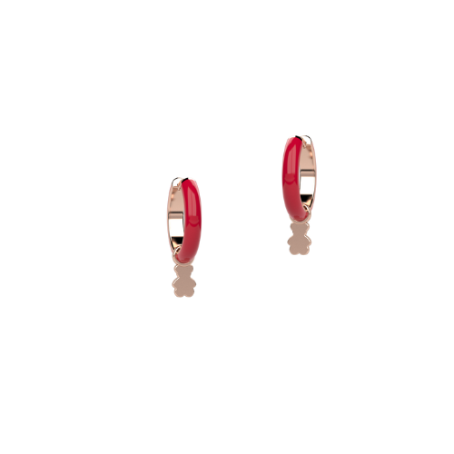Orecchini Bimba Nanan A Cerchio In Argento 925 Rosato E Smalto Rosso A Cerchietto Con Orsetto Pendente