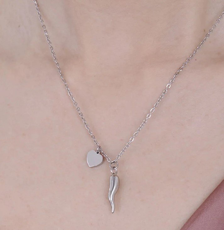 Collana Donna Con Ciondolo A Barra Orizzontale E Cuore In Acciaio Inox - Personalizzata