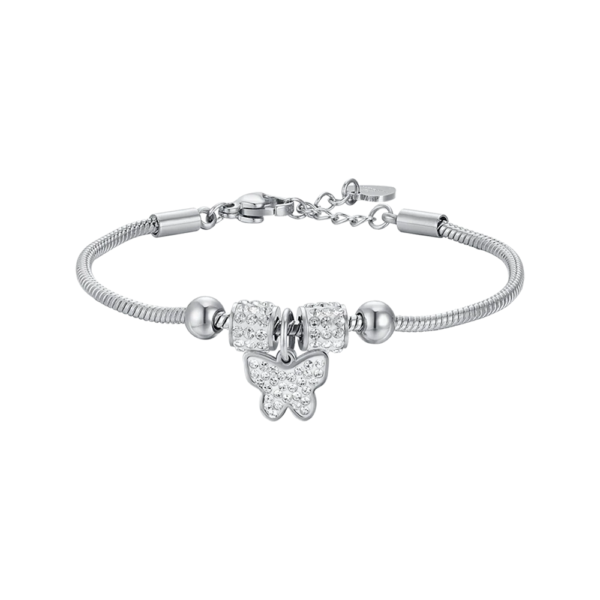 Bracciale Bimba Luca Barra In Acciaio Con Farfallina E Cristalli Bianchi